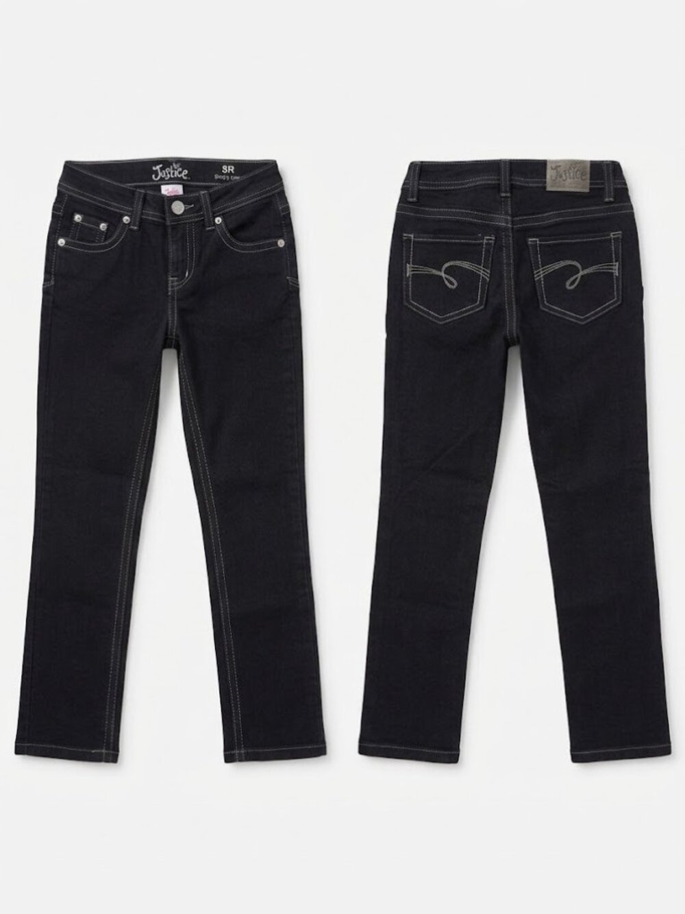 Justice Girls Black Contrast Stitch Jeans "Simply Low" Size 8R